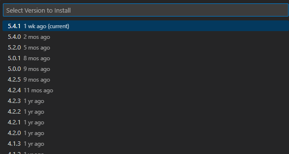 Captura de pantalla que muestra versiones distintas de la versión más reciente de Visual Studio Code.